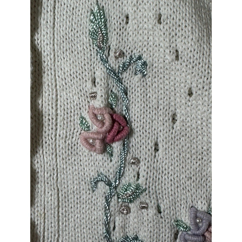 Vintage Koret Cardigan Sweater Womens S Cream Floral Embroidered Scalloped Knit‎ - Picture 12 of 14